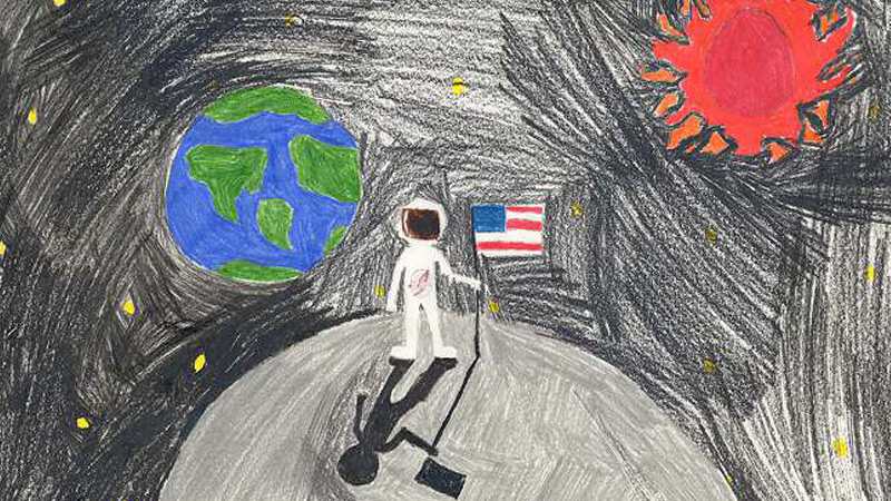 drawing of astronaut on moon with earth and sun